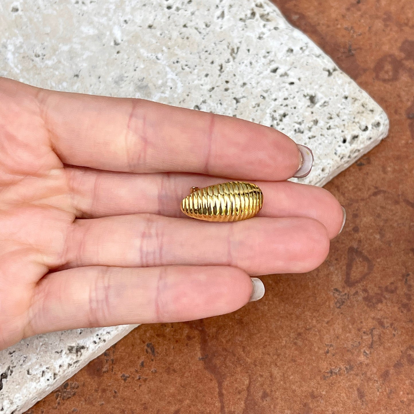 Estate Yellow Gold-Tone Ribbed Corrugated Lines Style Omega Back Earrings