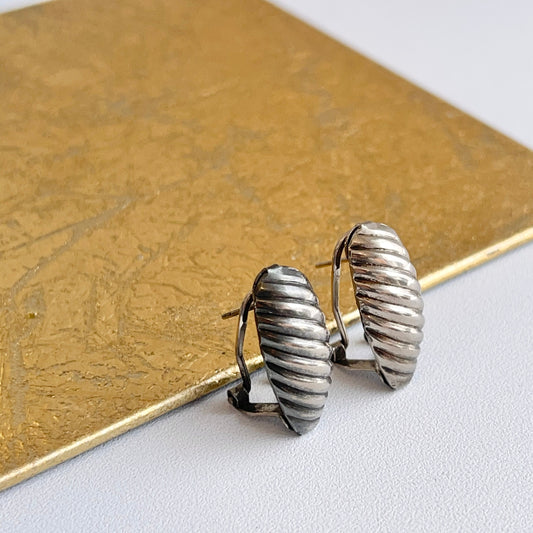 Estate Patina'd Silver Tone Corrugated Earrings