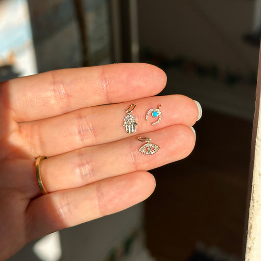 14KT Yellow Gold Pave Diamond + Turquoise Mini Horseshoe Pendant Charm