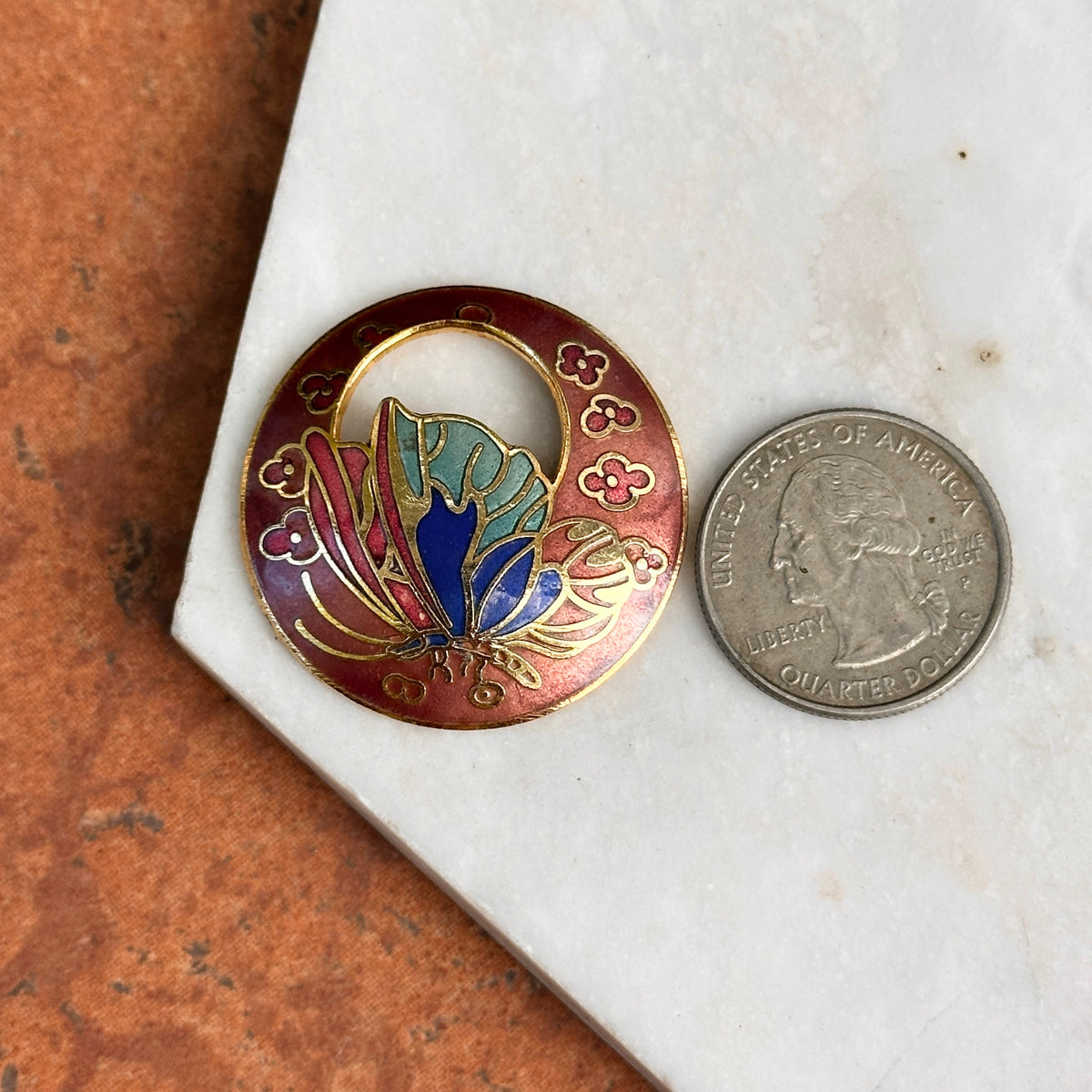 Estate Gold-Tone Cloisonne Enameled Metal Round Door Knocker Earring Charms