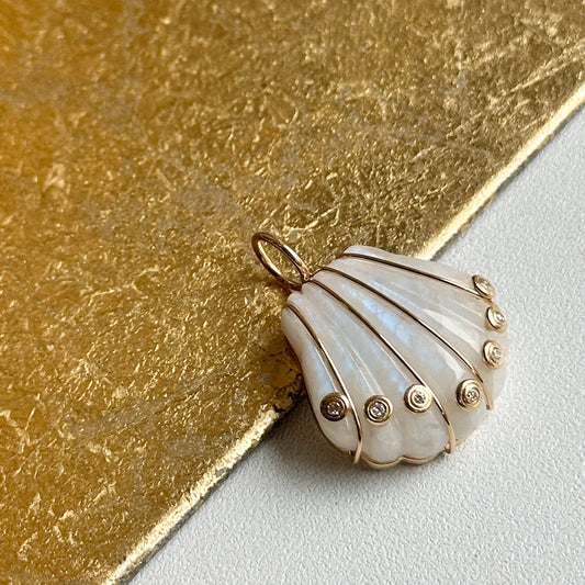 14KT Yellow Gold Moonstone Shell + Bezel-Set Diamonds Pendant