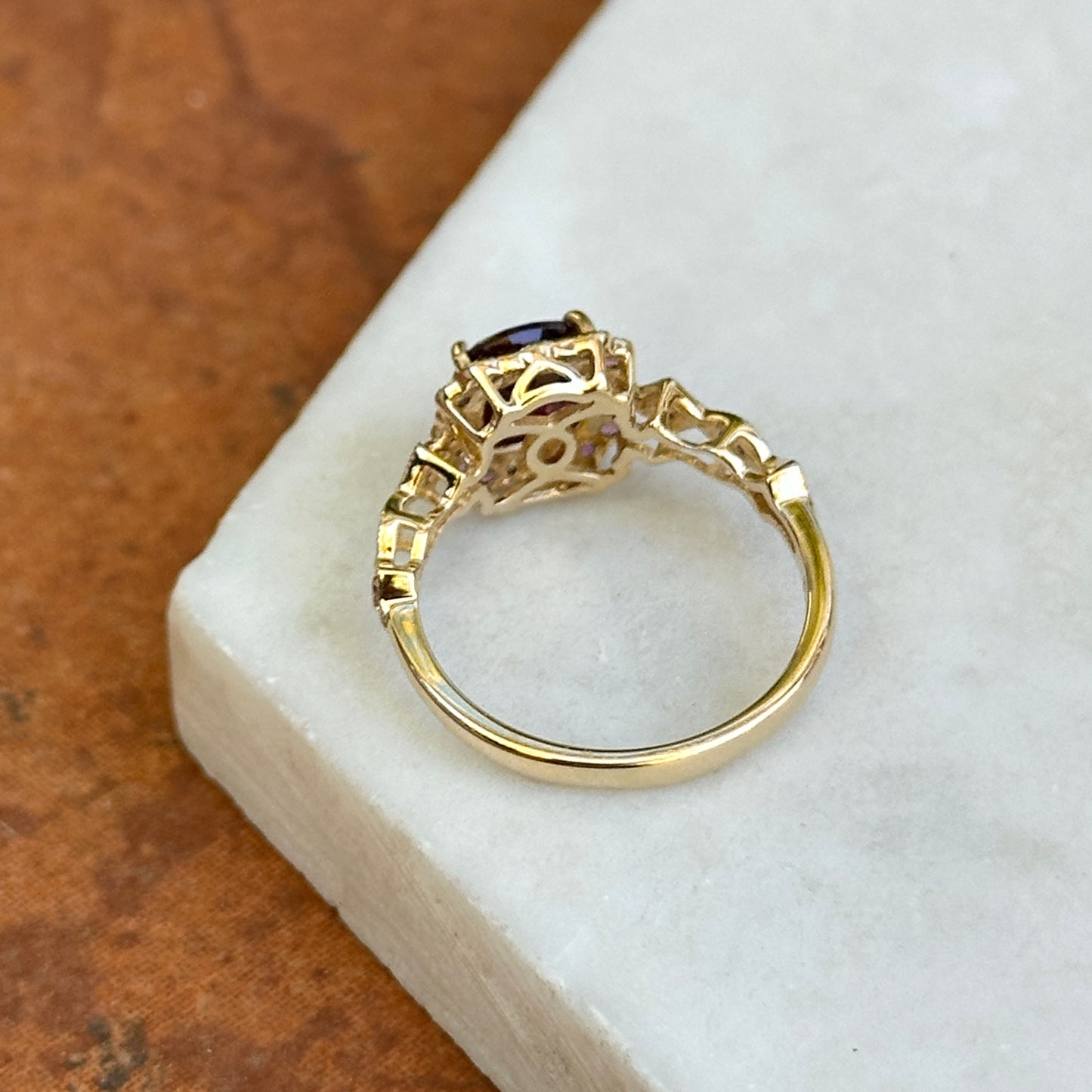 14KT Yellow Gold Cushion Rhodolite Garnet + Round Diamond Miligrain Ring