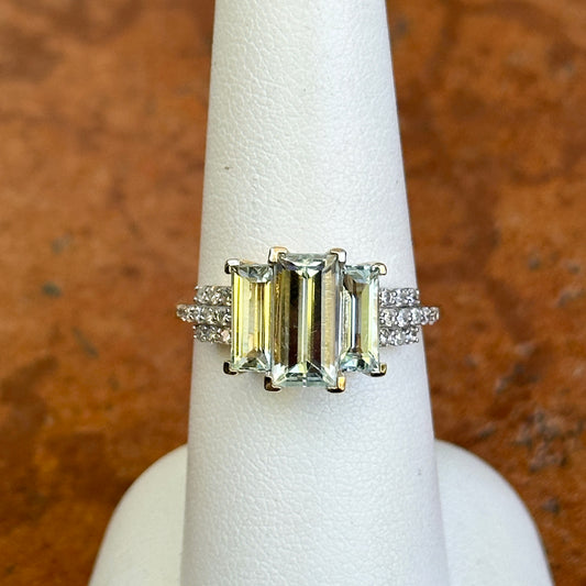 Estate 14KT Yellow Gold Elongated Emerald-Cut Aquamarine + Diamond Ring