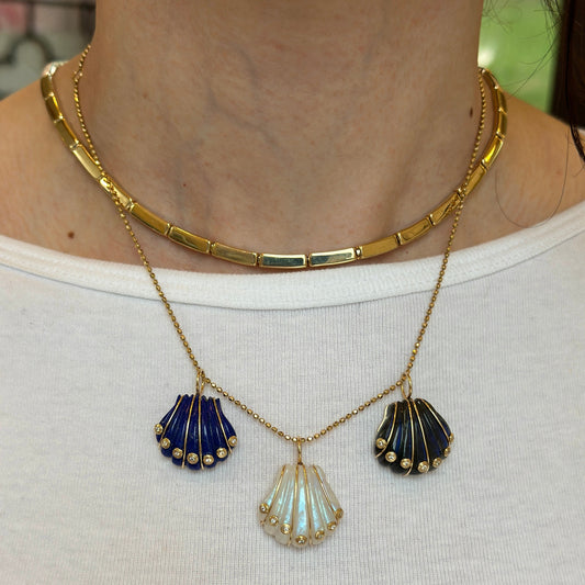 14KT Yellow Gold Lapis Shell + Bezel-Set Diamonds Pendant