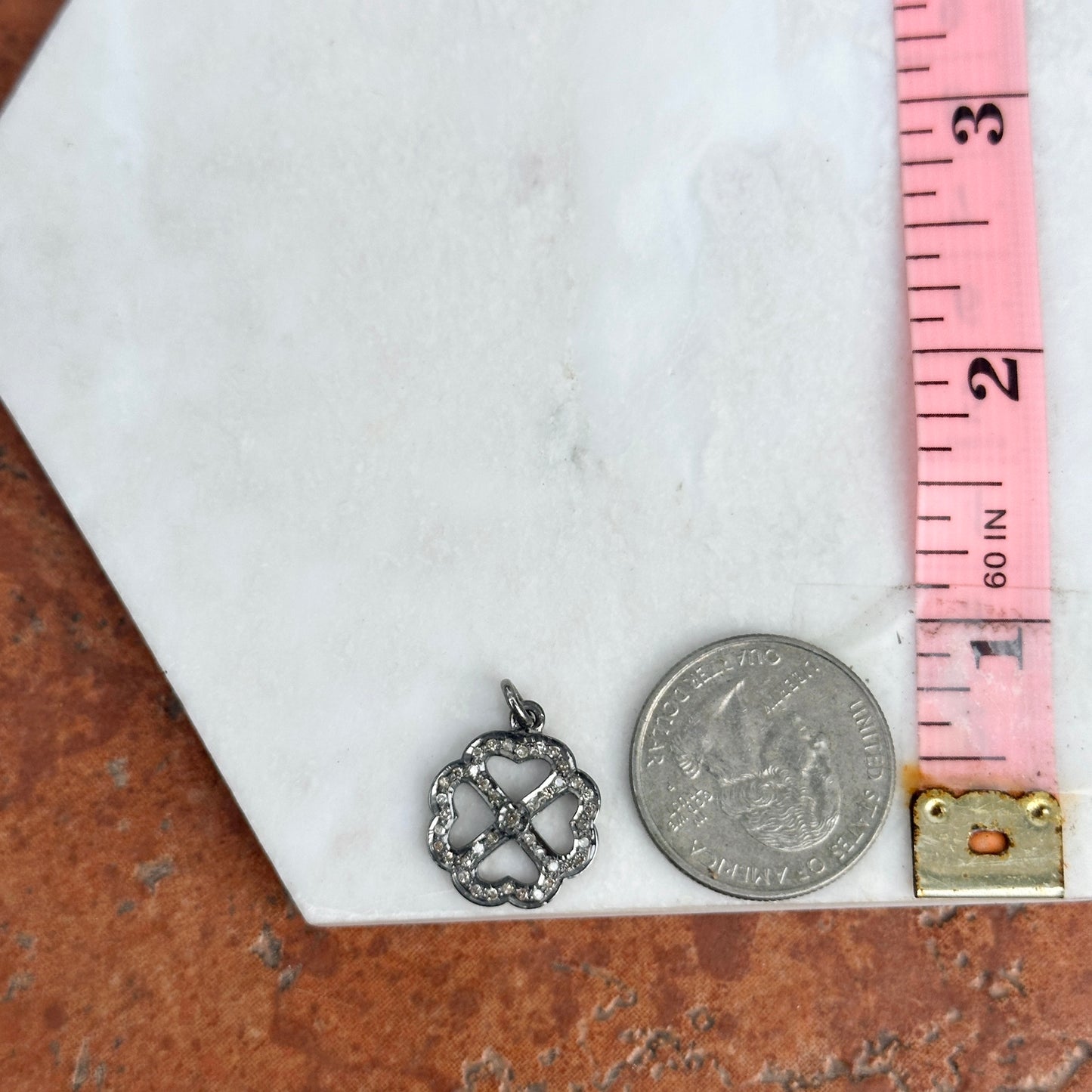 Sterling Silver Pave Diamond Four Leaf Clover Pendant Charm Blackened