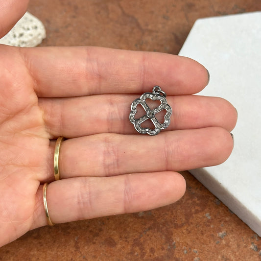 Sterling Silver Pave Diamond Four Leaf Clover Pendant Charm Blackened