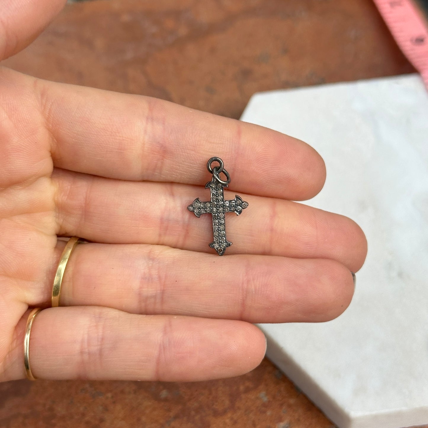 Sterling Silver Pave Diamond Cross Pendant Charm 22.5mm Blackened