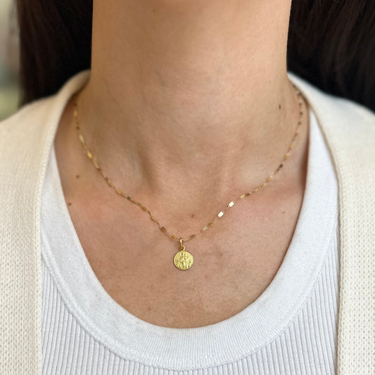 14KT Yellow Gold Matte Carmine Round Medal Pendant Charm 10mm