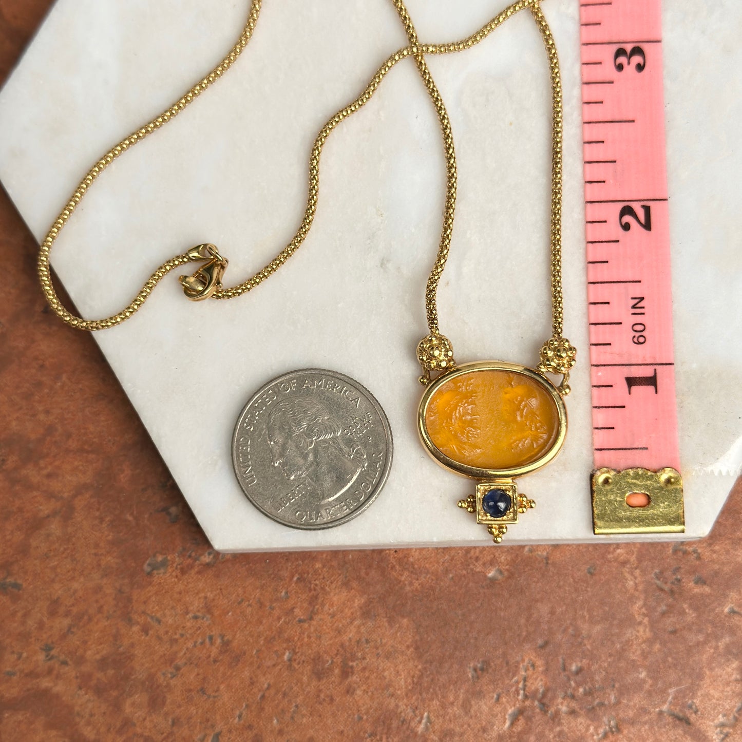 Estate Italian 18KT Yellow Gold Etruscan Venetian Intaglio Glass Sapphire Pendant Necklace