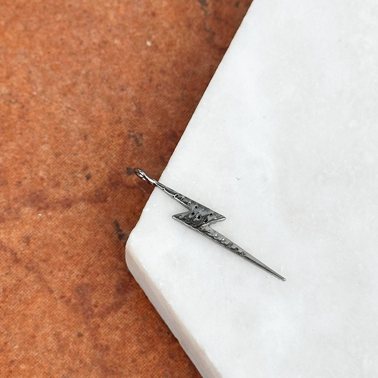Sterling Silver Pave Diamond Lightening Bolt Pendant Charm 25mm Blackened Skinny