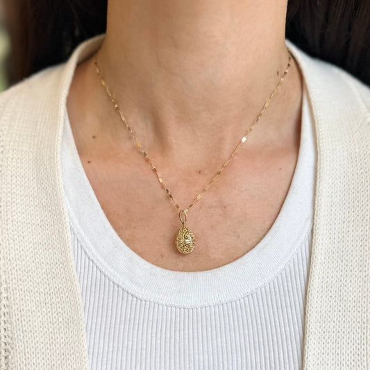 14KT Yellow Gold Filigree Cage Oval Pendant Charm