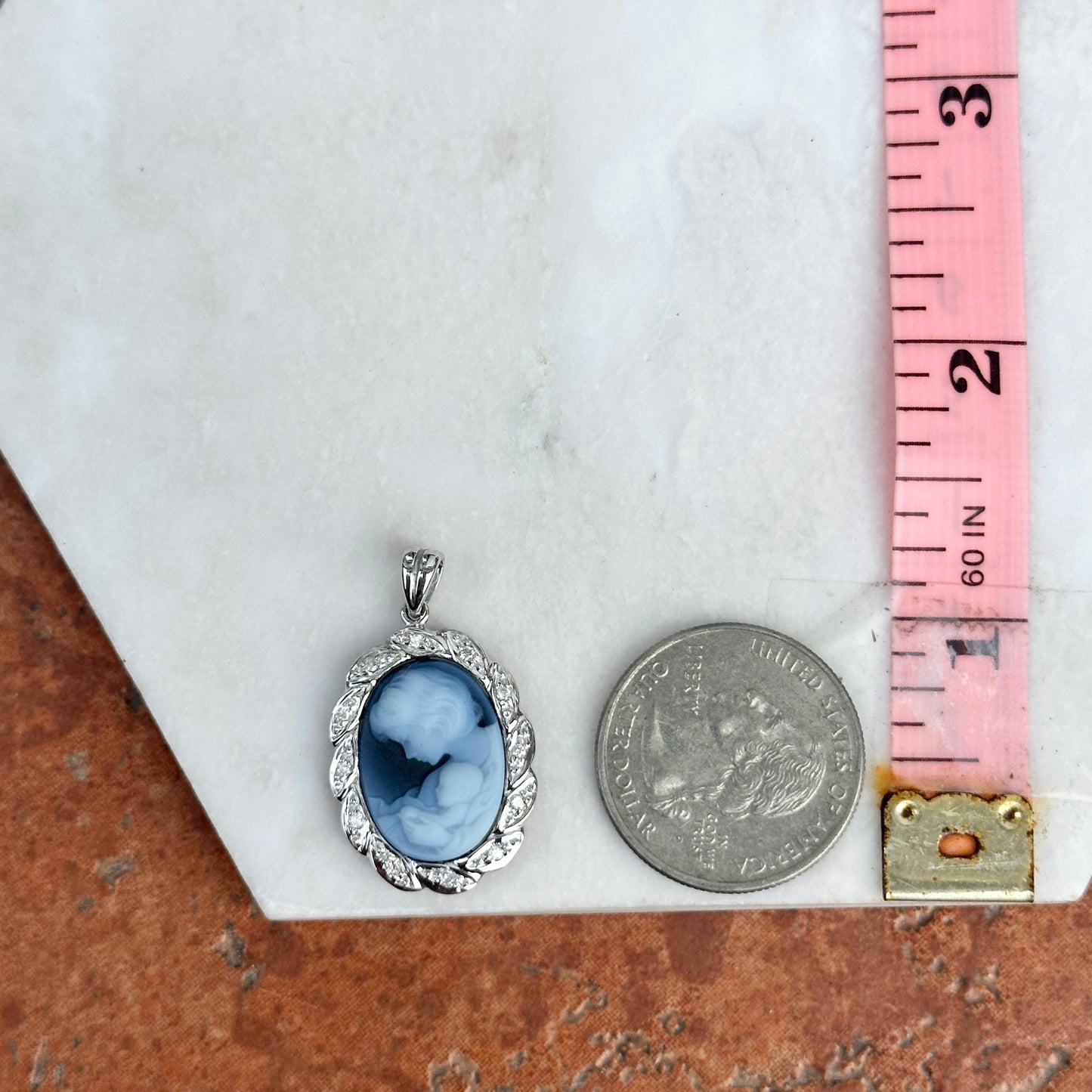 14KT White Gold Oval Agate Mother + Baby Cameo Pendant Diamond Frame