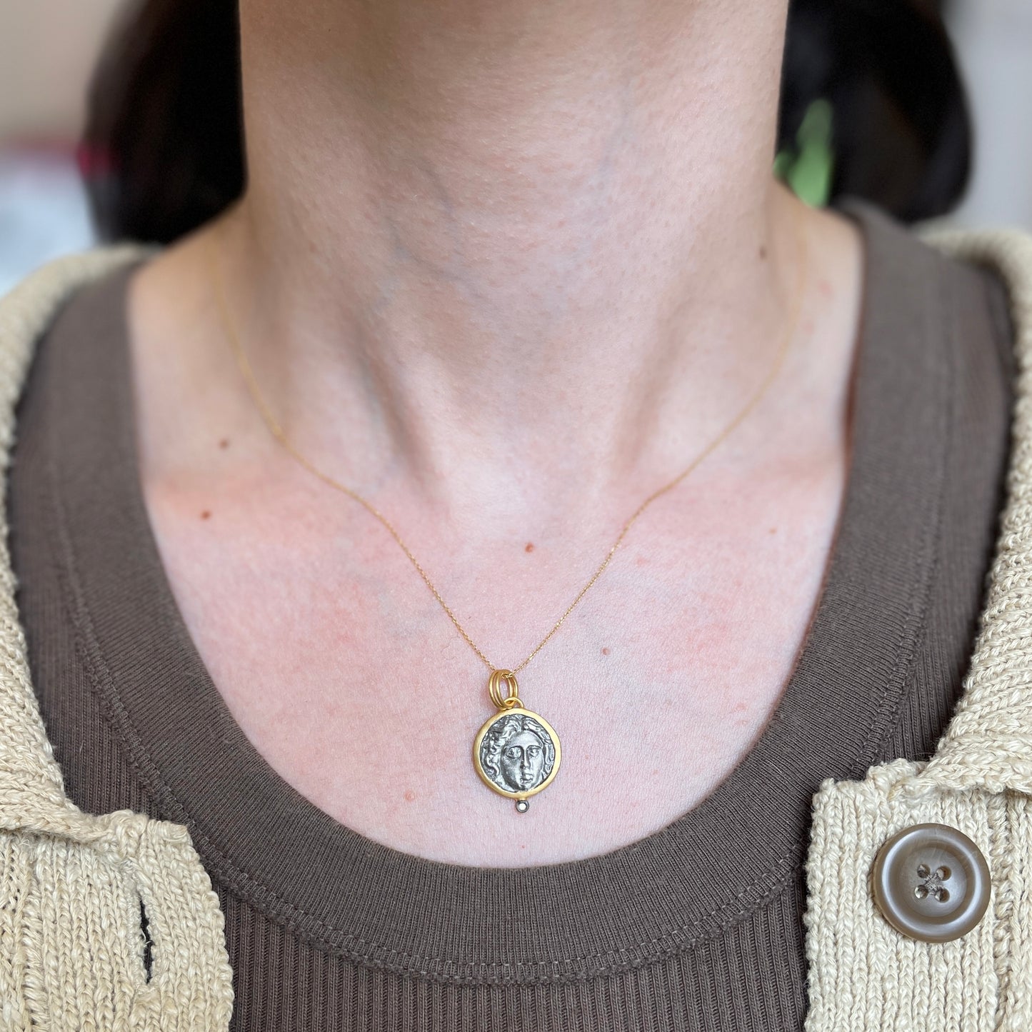 24KT Yellow Gold Infused + Sterling Silver Replica Roman Diamond Coin Pendant 061