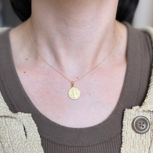 14KT Yellow Gold Matte St Benedict Round Medal Pendant 14mm