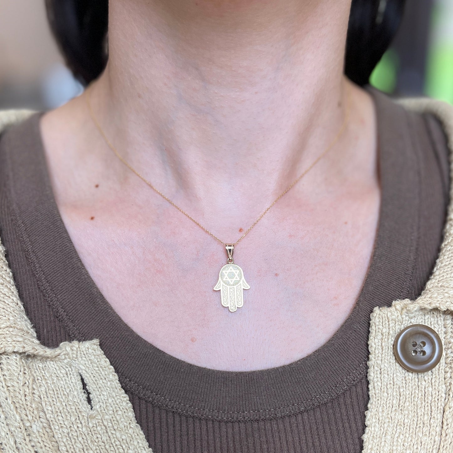 10KT Yellow Gold Filigree Hamsa Chamseh Star of David Pendant