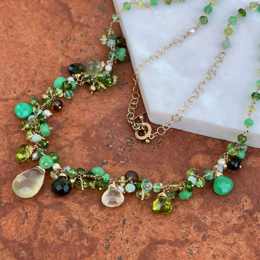 Estate 14KT Yellow Gold Multi Gemstone Beaded Statement Talisman Necklace