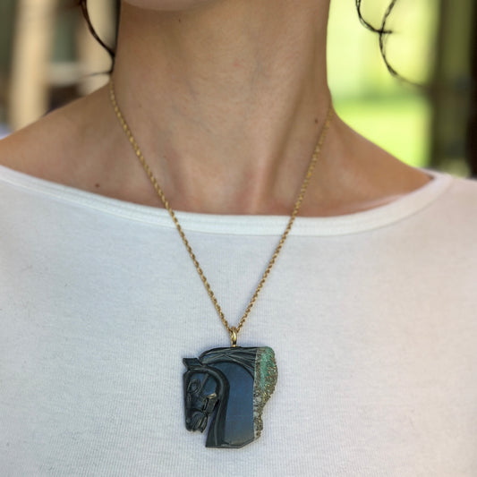 14KT Yellow Gold Carved Rough-Cut Emerald Horse Head Pendant