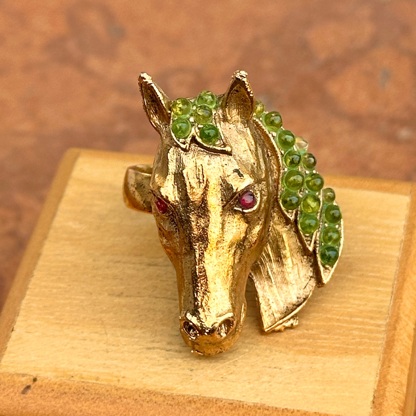 Estate 18KT Yellow Gold-Plated Peridot + Ruby Horse Ring - LSJ