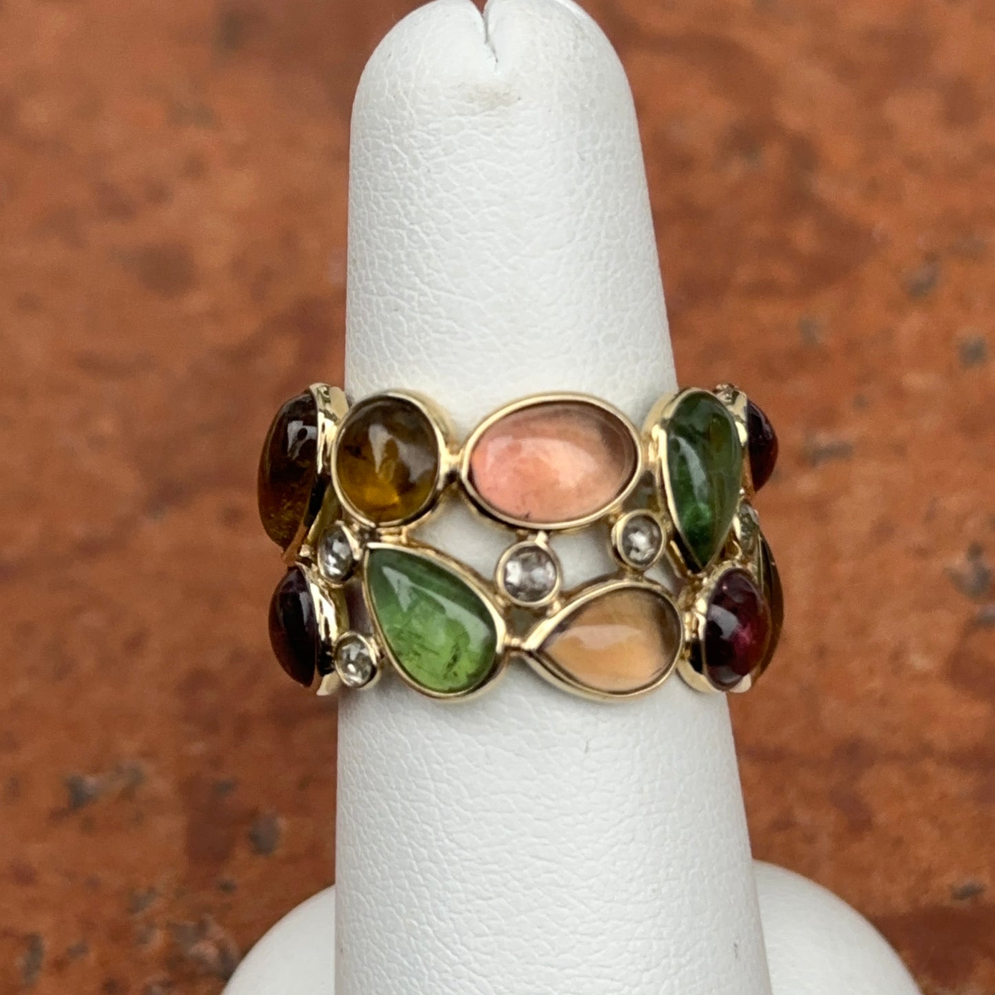 Estate 18KT Yellow Gold Cabochon Bezel Set Multi Color Tourmaline and Diamond Ring