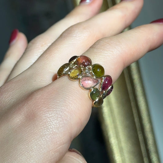 Estate 18KT Yellow Gold Cabochon Bezel Set Multi Color Tourmaline and Diamond Ring