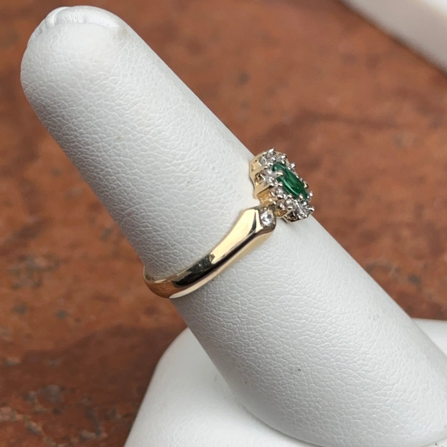 Estate 14KT Yellow Gold Oval Natural Emerald + Halo Diamond Ring