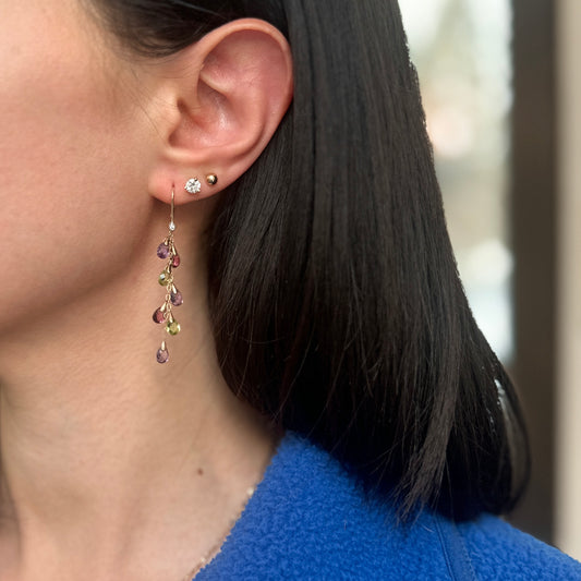 Estate 14KT Yellow Gold Briolette Multi-Color Gemstone + Diamond Drop Earrings