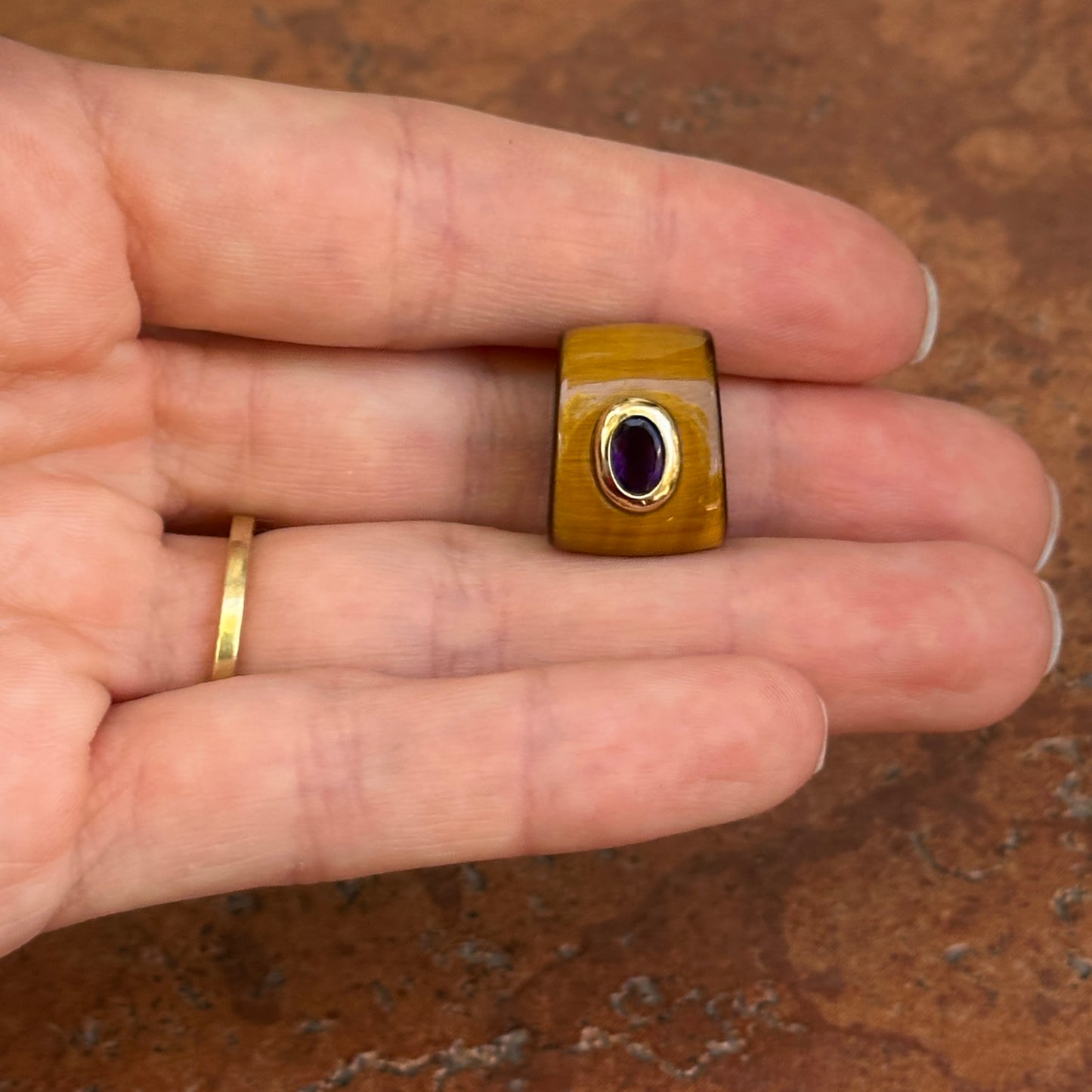 Estate 14KT Yellow Gold Genuine Tiger's Eye Purple Amethyst Pendant Slide - LSJ