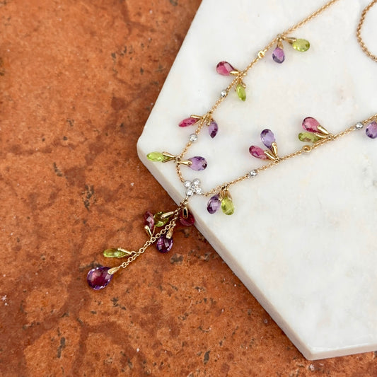 Estate 14KT Yellow Gold Amethyst Peridot Tourmaline and Diamond Drop Lariat Necklace
