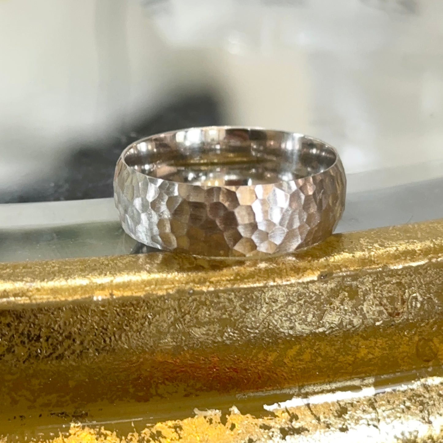 14KT White Gold Satin Hammered Half-Round Wedding Band Ring