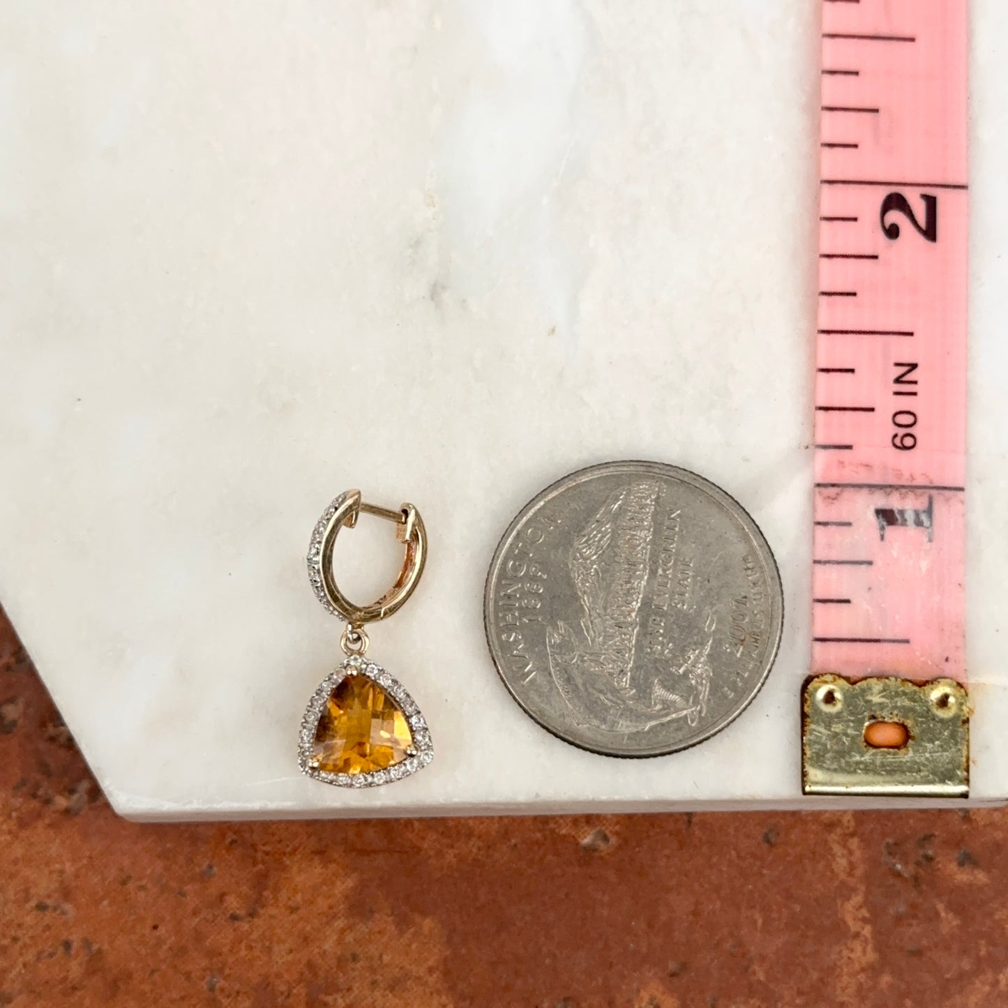 Estate 14KT Yellow Gold Trillion Checkerboard Citrine + Diamond Dangle Huggie Earrings