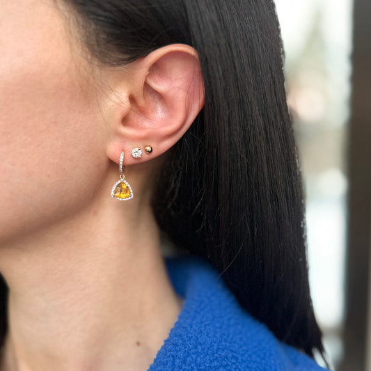 Estate 14KT Yellow Gold Trillion Checkerboard Citrine + Diamond Dangle Huggie Earrings