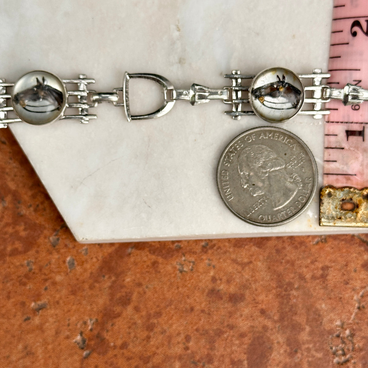 Estate Silver Round Glass Painted Horse Stirrup Link Bracelet