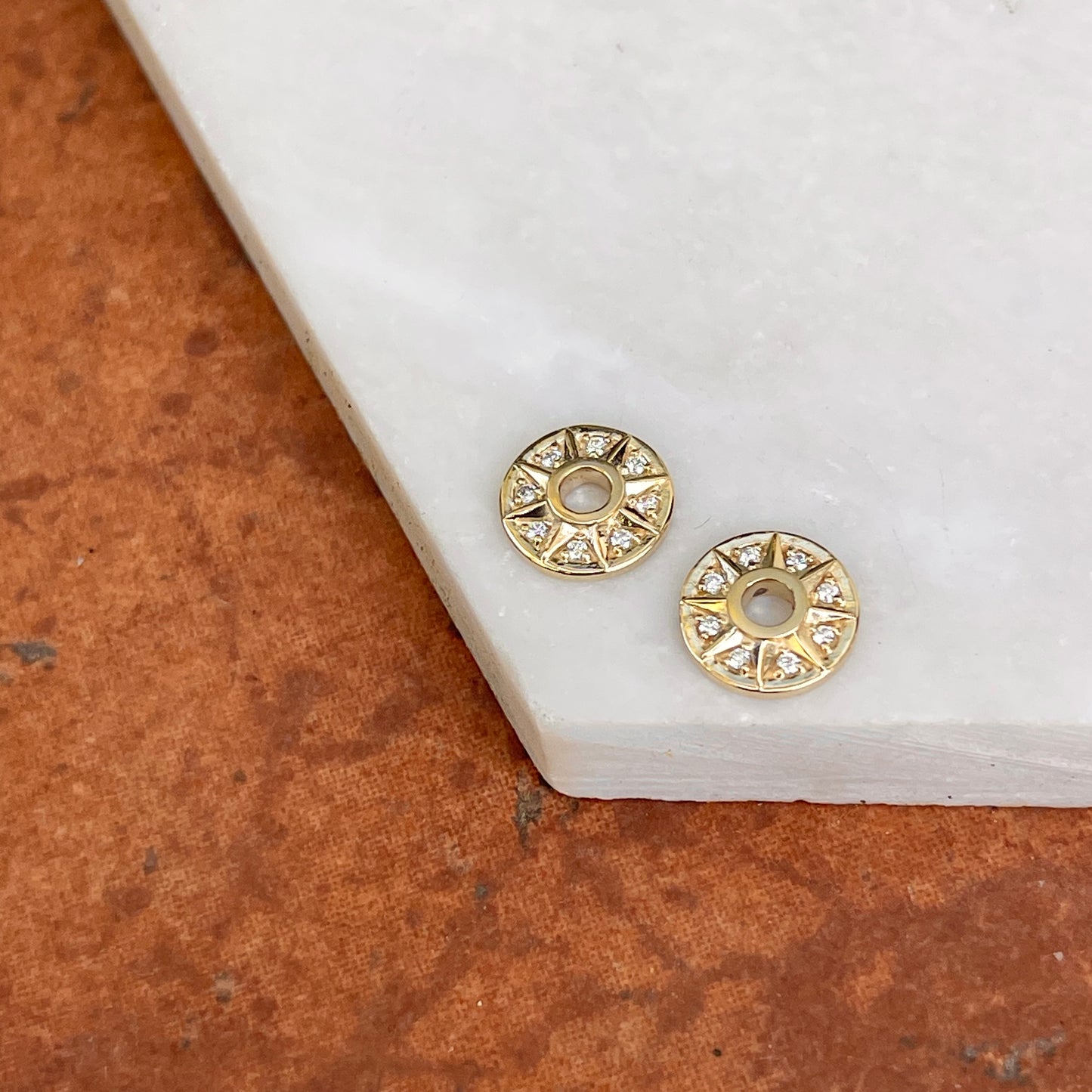 14KT Yellow Gold Diamond Celestial Star Round Disc Earring Charms
