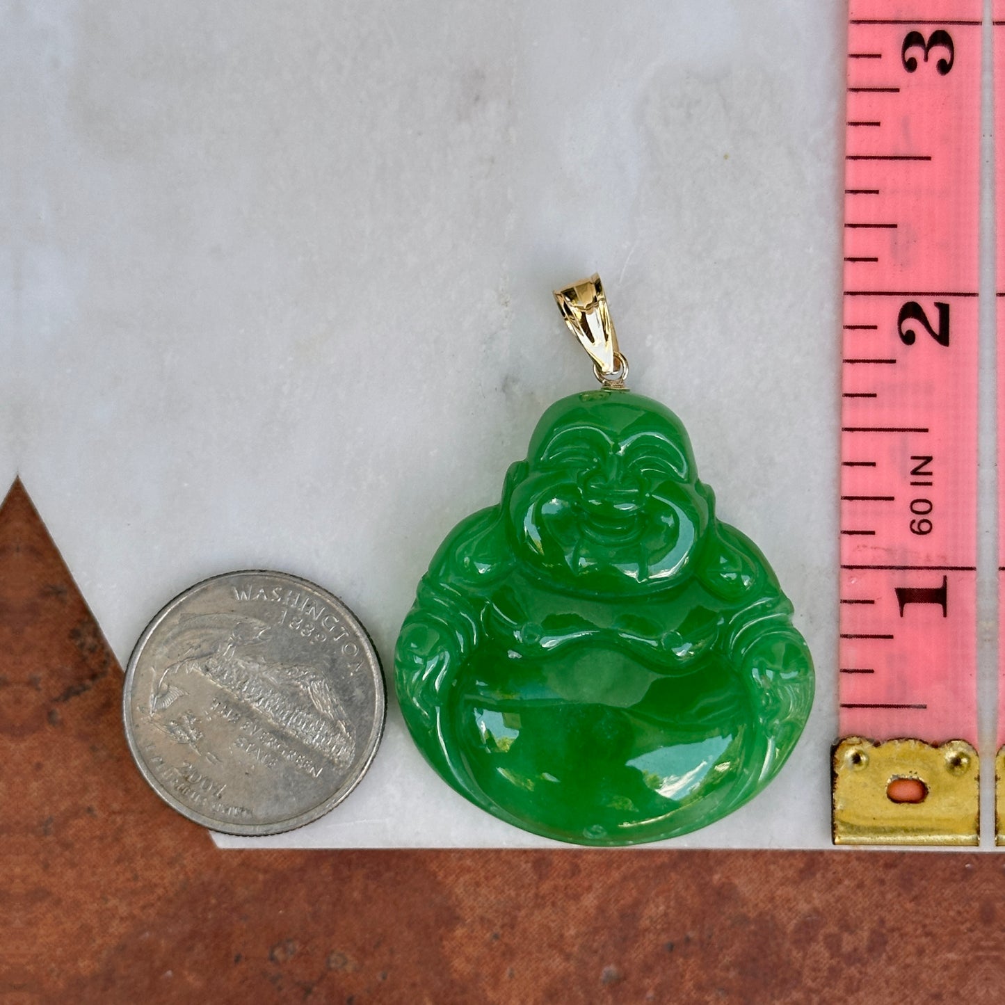 Estate 14KT Yellow Gold Carved Genuine Green Jade Buddha Pendant 40mm - LSJ