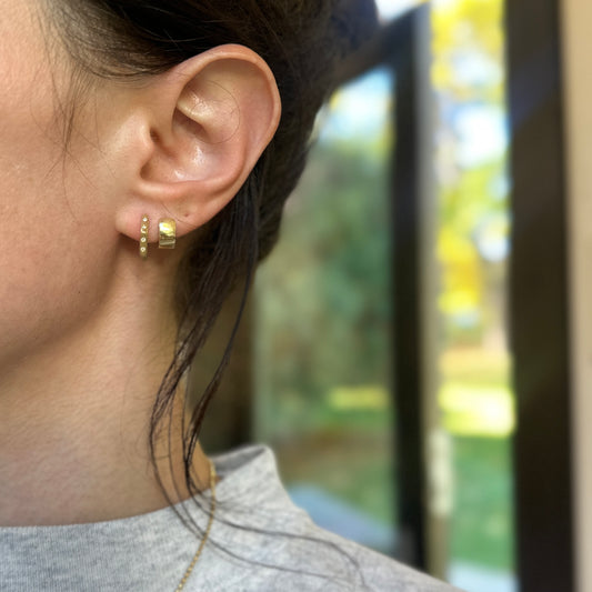 14KT Yellow Gold Brushed Round Diamond Geometric Huggie Earrings