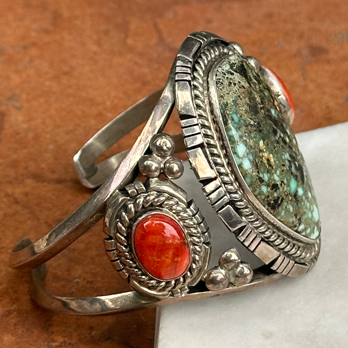 Estate Navajo Sterling Silver Turquoise + Spiny Oyster Cuff Bracelet