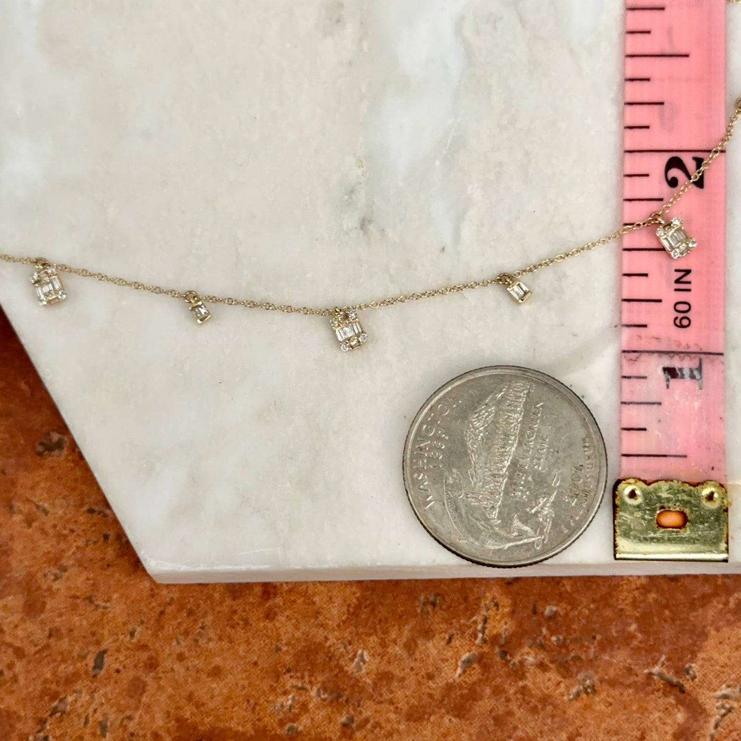 Estate 14KT Yellow Gold Baguette and Round Diamond Station Dangle Link Chain Necklace