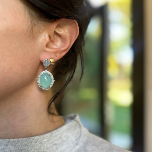 Sterling Silver Large Chalcedony, Cubic Zirconia, Swiss Blue Topaz, Aquamarine Dangle Earrings