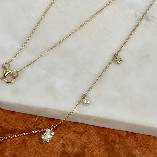 Estate 14KT Yellow Gold Baguette and Round Diamond Station Dangle Link Chain Necklace