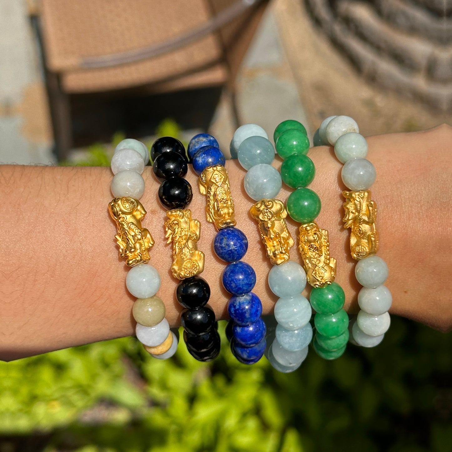 24KT Yellow Gold Dragon + Aquamarine Bead Bracelet