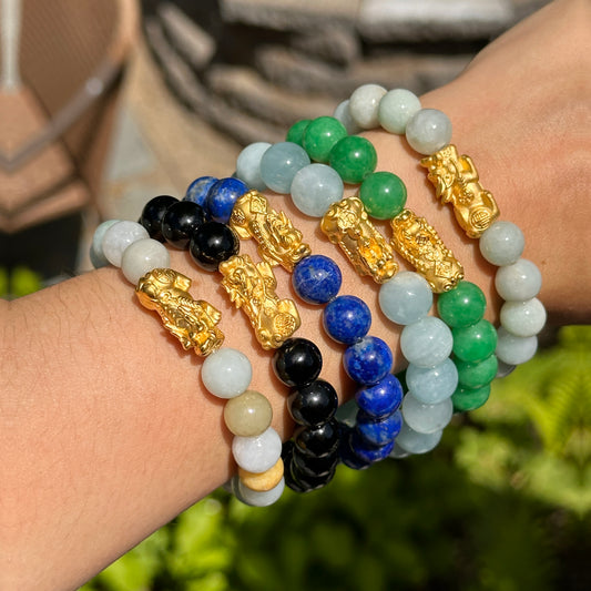 24KT Yellow Gold Dragon + Aquamarine Bead Bracelet