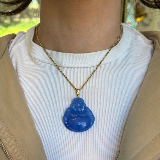 14KT Yellow Gold Carved Genuine Blue Jade Buddha Pendant 40mm - LSJ