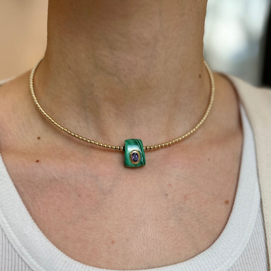 14KT Yellow Gold Tapered Malachite + Bezel Amethyst Pendant Slide