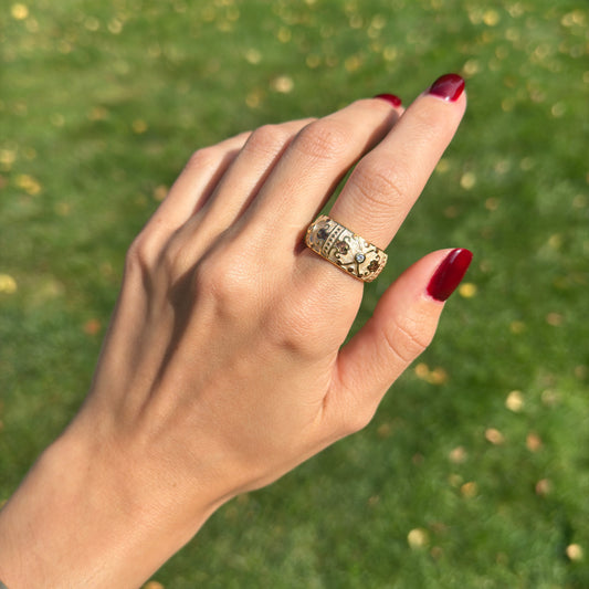 18K Yellow Gold-Plated Brass Round CZ + Cream Enamel Horse Ring