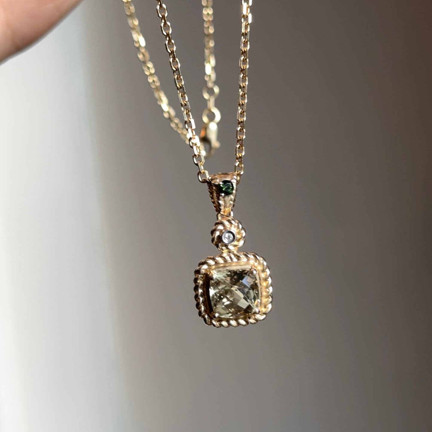 Estate 14KT Yellow Gold Square Citrine, Diamond, + Tourmaline Chain Necklace