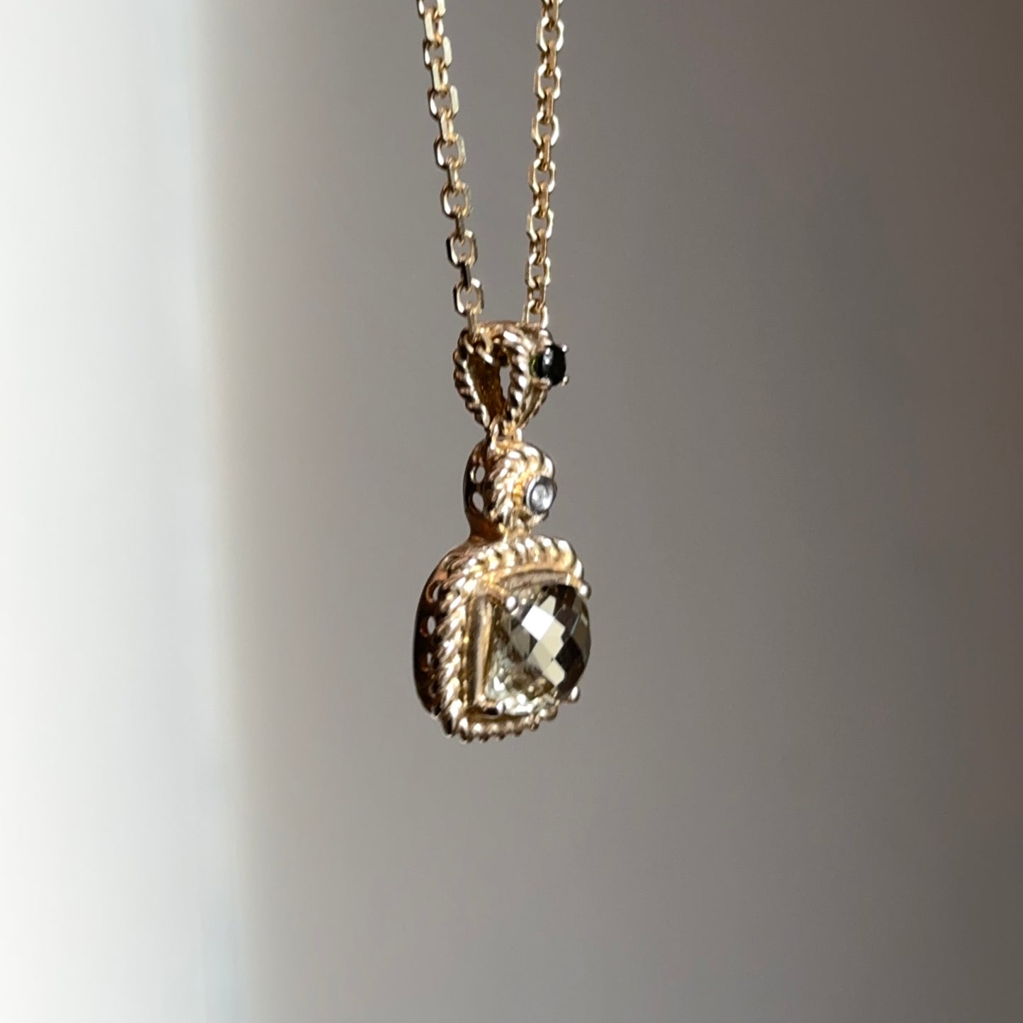 Estate 14KT Yellow Gold Square Citrine, Diamond, + Tourmaline Chain Necklace