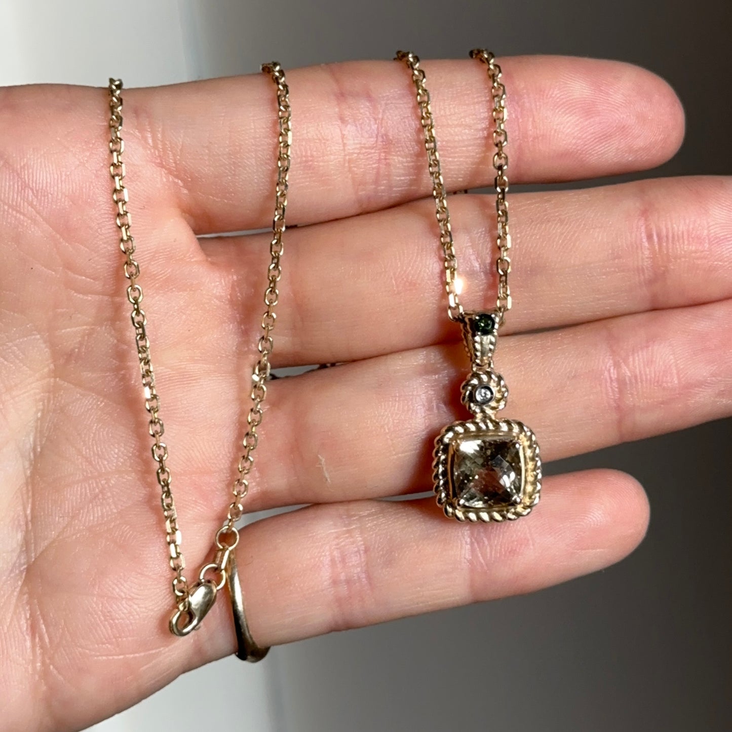 Estate 14KT Yellow Gold Square Citrine, Diamond, + Tourmaline Chain Necklace