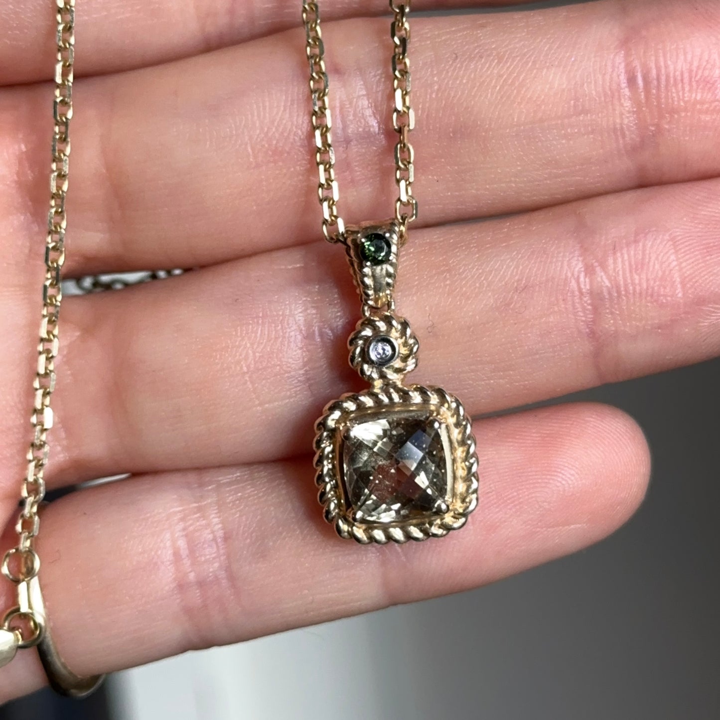 Estate 14KT Yellow Gold Square Citrine, Diamond, + Tourmaline Chain Necklace