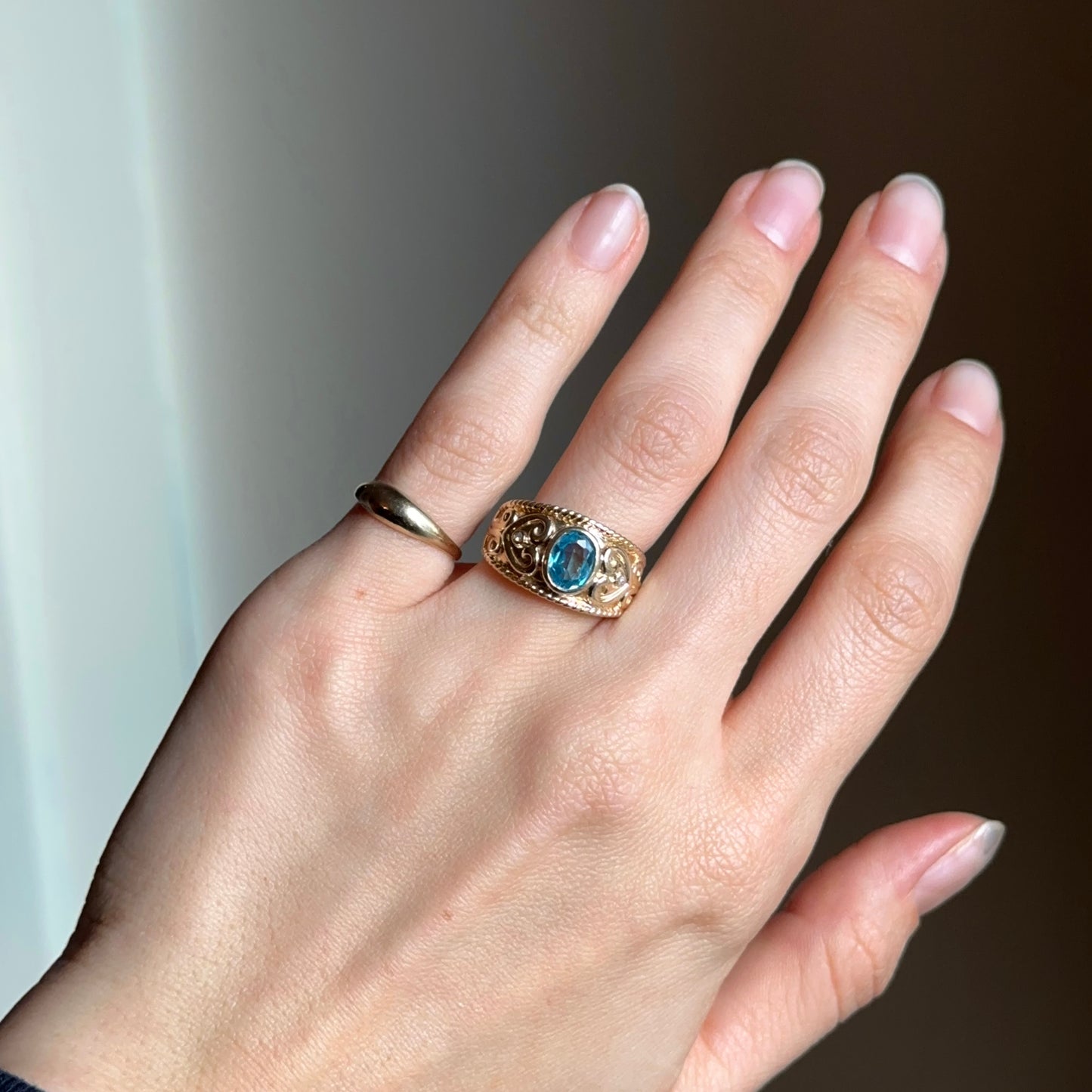 Estate 14KT Yellow Gold Byzantine Oval Blue Topaz Wide Band Ring