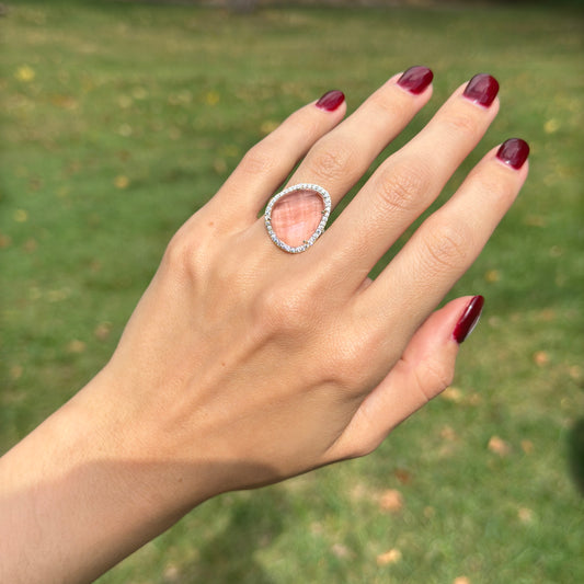 Yellow Gold-Plated Checkerboard Cut Pink Stone + Round CZ Halo Ring